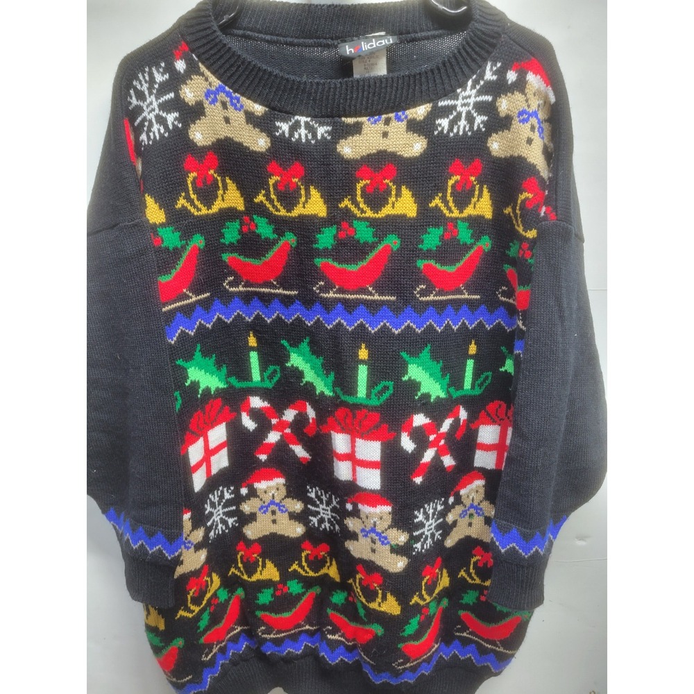 Vintage Holiday Christmas Sweater Mens 1X Black Gingerbread Candy Cane Made USA